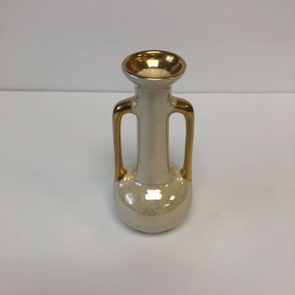 Vintage Pearl China Co. 22 KT Gold Hand Decorated Double Handled Iridescent Vase